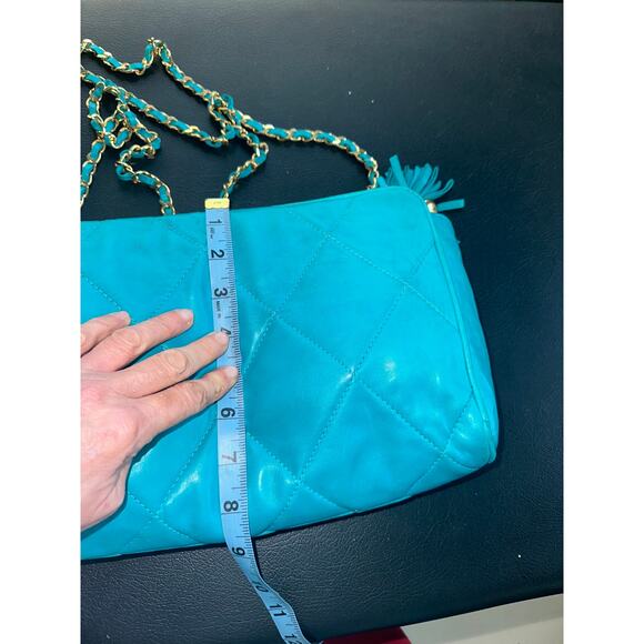 VINTAGE EIGHTIES 80's HENRI BENDEL TURQUOISE QUILTED LEATHER CROSSBODY BAG - Picture 7 of 11